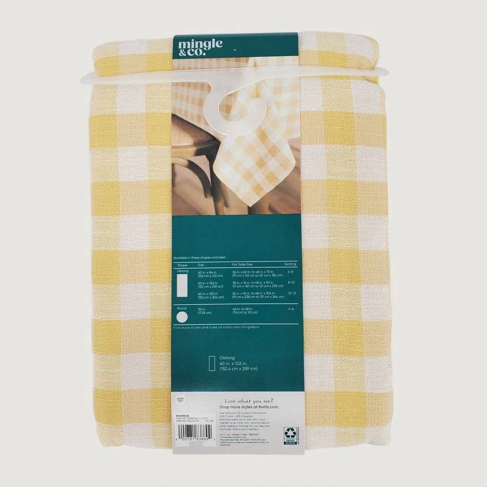 Mingle & Co Yellow Gingham Oblong Tablecloth 60x102 Farmhouse Cottagecore Spring